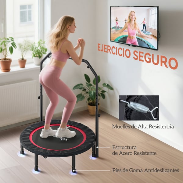 Minitrampolin - Rebounder - Ø102 cm - Justerbart Handtag - Stålram - Hopfällbar - Kondition & Ben - Röd