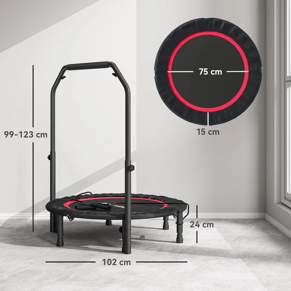 Fitness-trampolin - Mini-trampolin med justerbart handtag - 102 cm - Stålram - Vikbar - Cardioträning - Blå