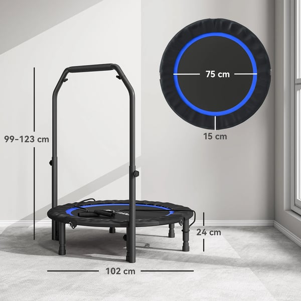 Fitness-trampolin - Mini-trampolin med justerbart handtag - 102 cm - Stålram - Vikbar - Cardioträning - Blå