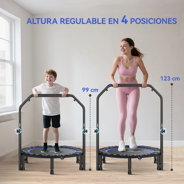 Fitness-trampolin - Mini-trampolin med justerbart handtag - 102 cm - Stålram - Vikbar - Cardioträning - Blå