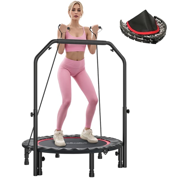 Minitrampolin - Rebounder - Ø102 cm - Justerbart Handtag - Stålram - Hopfällbar - Kondition & Ben - Röd
