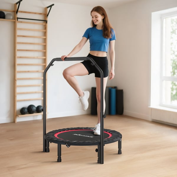 Minitrampolin - Rebounder - Ø102 cm - Justerbart Handtag - Stålram - Hopfällbar - Kondition & Ben - Röd