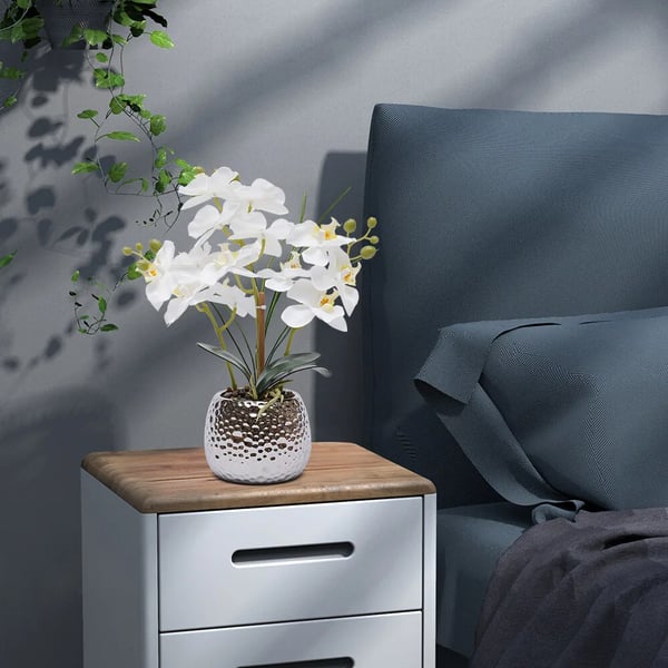 Kunstig Phalaenopsis Orkidé - Potteplante - Realistisk, Keramikkrukke, Vedligeholdelsesfri, Indendørs, Borddekoration, Indflyttergave - Hvid