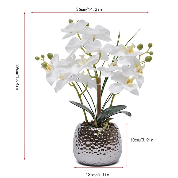 Kunstig Phalaenopsis Orkidé - Potteplante - Realistisk, Keramikkrukke, Vedligeholdelsesfri, Indendørs, Borddekoration, Indflyttergave - Hvid