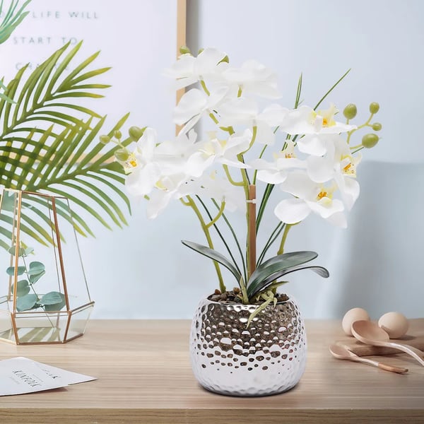 Kunstig Phalaenopsis Orkidé - Potteplante - Realistisk, Keramikkrukke, Vedligeholdelsesfri, Indendørs, Borddekoration, Indflyttergave - Hvid