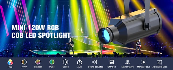 LED scenelys - Profilspotlight - 120W COB - DMX512 7CH - Manuel fokus - Auto/lyd/master-slave - 90–240V - Varm hvid