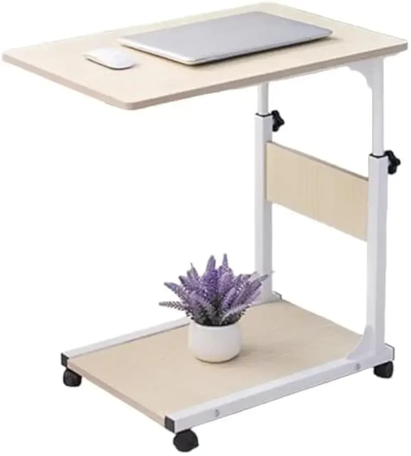 Laptopbord på hjul - Over-seng bord - Højdejusterbart - Mobil med 4 hjul - Til stue og soveværelse - Hvid