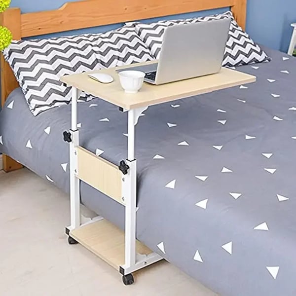 Laptopbord på hjul - Over-seng bord - Højdejusterbart - Mobil med 4 hjul - Til stue og soveværelse - Hvid