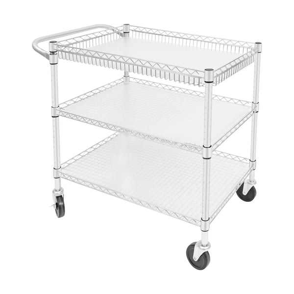 Tarjoiluvaunu - Keittiövaunu - 3 tasoa - 4 pyörää (2 jarrulla) - Ruosteenkestävä hiiliteräs + PP - 76×46×82,6 cm, pituus 89 cm - Hopea