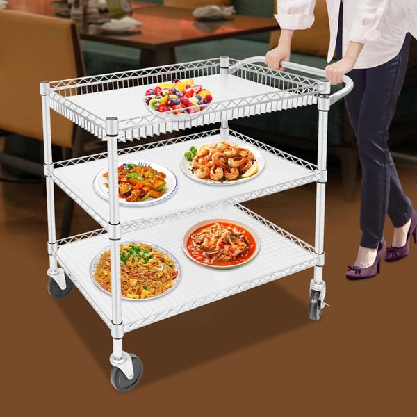 Serveringsvogn - Køkkenvogn - 3 hylder - 4 hjul (2 bremser) - Rustbestandigt kulstofstål + PP - 76×46×82,6 cm, længde 89 cm - Sølv
