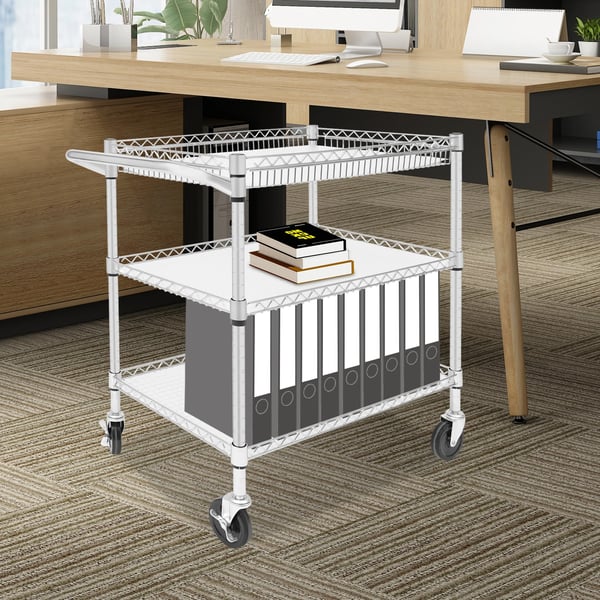 Serveringsvogn - Køkkenvogn - 3 hylder - 4 hjul (2 bremser) - Rustbestandigt kulstofstål + PP - 76×46×82,6 cm, længde 89 cm - Sølv