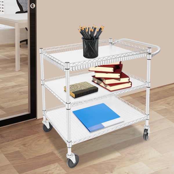 Serveringsvogn - Køkkenvogn - 3 hylder - 4 hjul (2 bremser) - Rustbestandigt kulstofstål + PP - 76×46×82,6 cm, længde 89 cm - Sølv