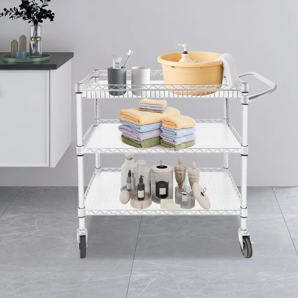 Serveringsvogn - Køkkenvogn - 3 hylder - 4 hjul (2 bremser) - Rustbestandigt kulstofstål + PP - 76×46×82,6 cm, længde 89 cm - Sølv