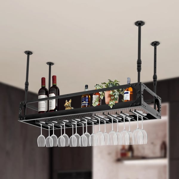 Hængende vinstativ med glasholder - Loftmonteret barhylde - Jern - 100×35 cm - Justerbar højde 35–55 cm - Maks 50 kg - Flydende hylde - Sort