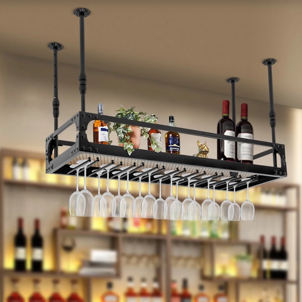 Hængende vinstativ med glasholder - Loftmonteret barhylde - Jern - 100×35 cm - Justerbar højde 35–55 cm - Maks 50 kg - Flydende hylde - Sort