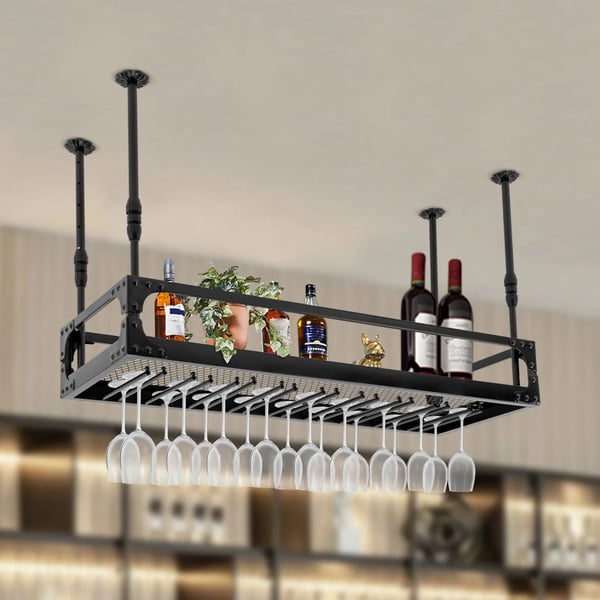 Hængende vinstativ med glasholder - Loftmonteret barhylde - Jern - 100×35 cm - Justerbar højde 35–55 cm - Maks 50 kg - Flydende hylde - Sort