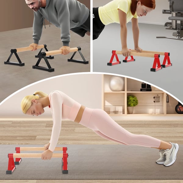 Push Up Bars / punnerruskahvat puusta - Kolmio-parallettes käsilläseisontaan - 2 kpl - Enimmäiskuorma 400 kg - Calisthenics & lankku - Punainen