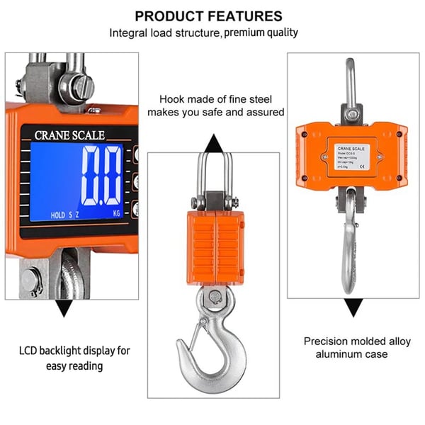 LCD Digital Kranvægt - Hængevægt - 1000 kg Kapacitet - Robust Industri - Enhedsskift - Bærbar - Krog - Orange