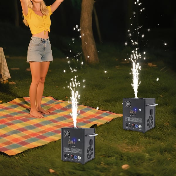 Kold gnistmaskine til scene - Kold gnistfontæne - 750 W - Fjernbetjening 8–10 m - Forvarmning 3 min - Aluminium - 20×18,6×26 cm - Sort