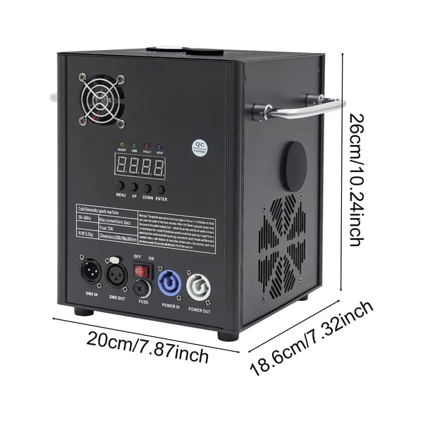 Kold gnistmaskine til scene - Kold gnistfontæne - 750 W - Fjernbetjening 8–10 m - Forvarmning 3 min - Aluminium - 20×18,6×26 cm - Sort