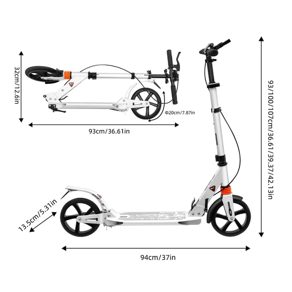 Aikuisten potkulauta/kickbike - Taitettava - Säädettävä korkeus 91–107 cm - PU-renkaat - Kaksoisjarru & iskunvaimennus - Valkoinen