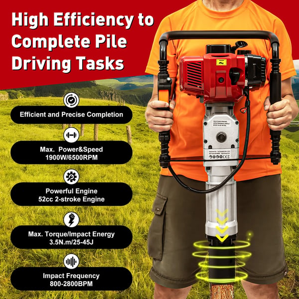 Stolpehammer Benzin - 52 cm³ 2-takt Pæledriver - Slagfrekvens 1300–3000/min - Slagenergi 20–55 J - Effekt 1900 W 6500 o/min - Luftkølet
