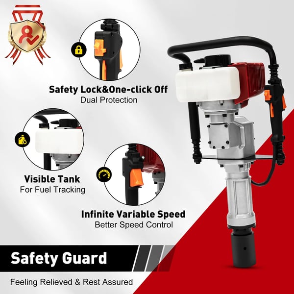 Stolpehammer Benzin - 52 cm³ 2-takt Pæledriver - Slagfrekvens 1300–3000/min - Slagenergi 20–55 J - Effekt 1900 W 6500 o/min - Luftkølet