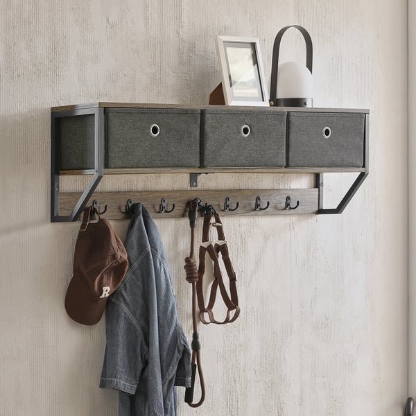 Vægmonteret hattehylde - Knagerække - 3 kurve - 7 kroge - Vintage-stil - 100×30×20 cm - Mørkegrå