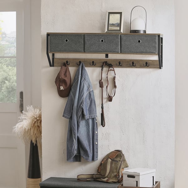 Vægmonteret hattehylde - Knagerække - 3 kurve - 7 kroge - Vintage-stil - 100×30×20 cm - Mørkegrå