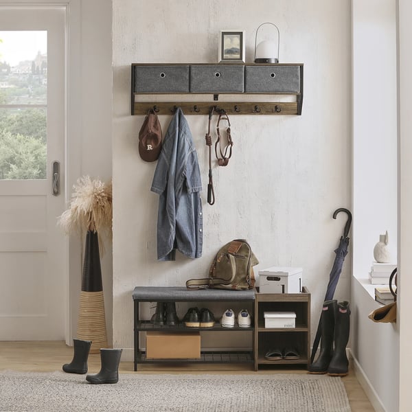 Vægmonteret hattehylde - Knagerække - 3 kurve - 7 kroge - Vintage-stil - 100×30×20 cm - Mørkegrå