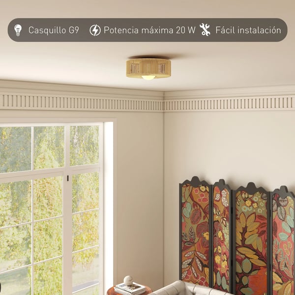 Boho taklampa - LED-taklampa - 20 W - 3000 K varmvit - Linnerep-skärm - Järn - Icke dimbar - 220 V AC - Mörk khaki