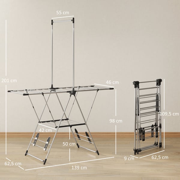 Torkställning - Vertikal, hopfällbar - Justerbara vingar - 4 skohållare - Stång och hylla - 139 x 62,5 x 201 cm - Silver