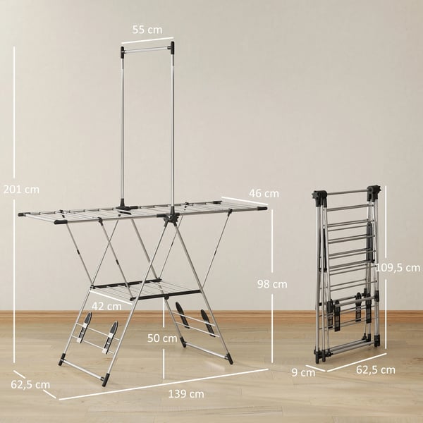Torkställning - Vertikal, hopfällbar - Justerbara vingar - 4 skohållare - Stång och hylla - 139 x 62,5 x 201 cm - Silver