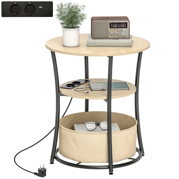 Runt sidobord - soffbord - Laddningsstation - 3 hyllor - Förvaringspåse - Ø50 x 55,1 cm - Khaki