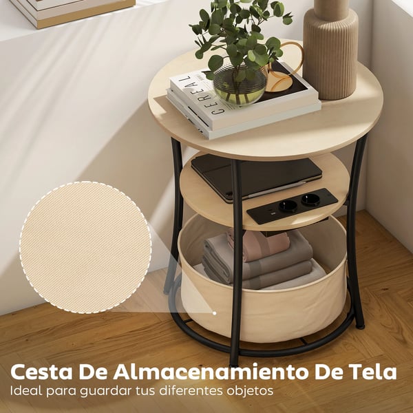 Runt sidobord - soffbord - Laddningsstation - 3 hyllor - Förvaringspåse - Ø50 x 55,1 cm - Khaki