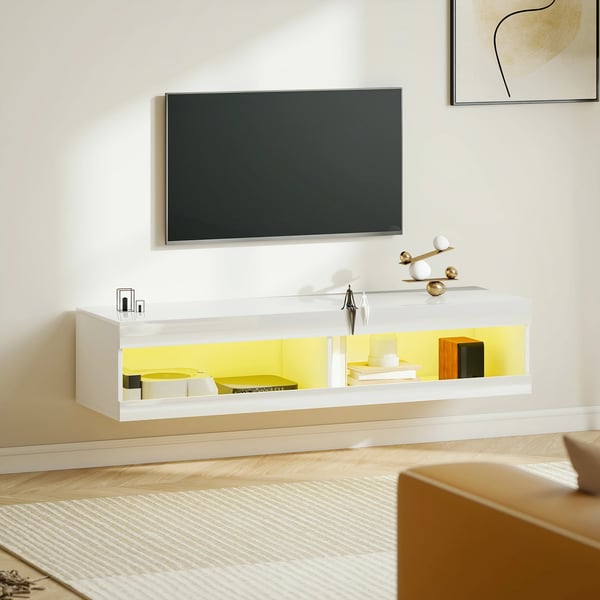 TV-bänk - Vägghängt skåp - LED-belysning med fjärrkontroll - Kabelgenomföring - Förvaringsfack - Högblank - 140x40x30 cm - Vit