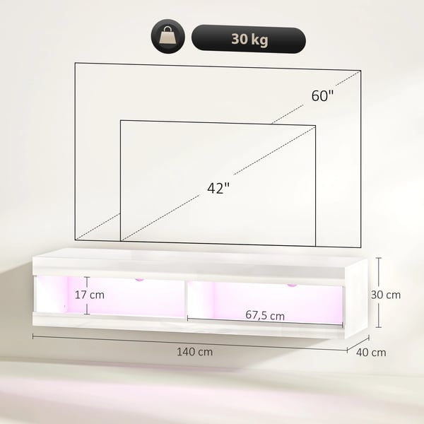 TV-bänk - Vägghängt skåp - LED-belysning med fjärrkontroll - Kabelgenomföring - Förvaringsfack - Högblank - 140x40x30 cm - Vit