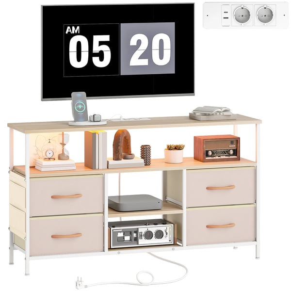 Mediabänk - TV-bänk - LED-belysning - USB-portar - Öppna hyllor - Fyra fällbara lådor - Mått 120×30×67,5 cm - Vit