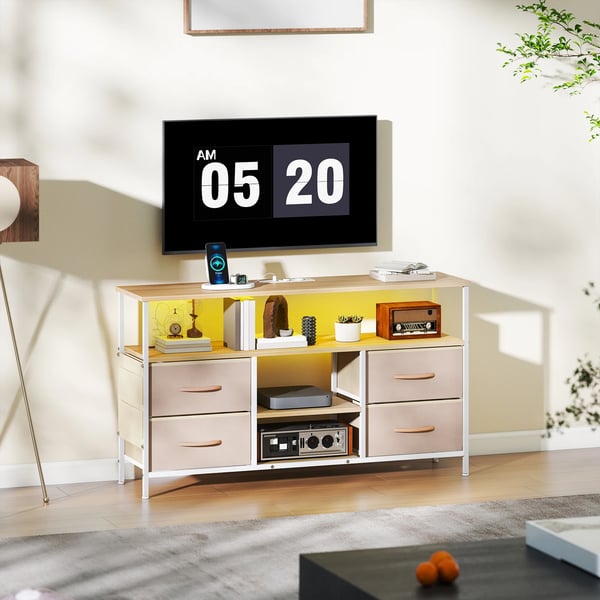Mediabänk - TV-bänk - LED-belysning - USB-portar - Öppna hyllor - Fyra fällbara lådor - Mått 120×30×67,5 cm - Vit