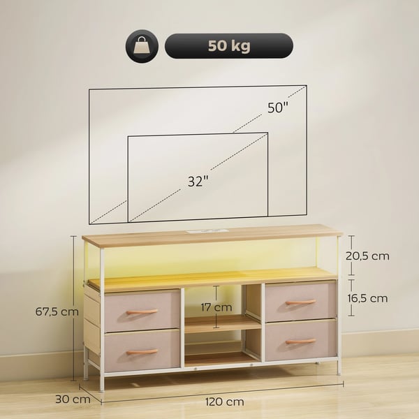 Mediabänk - TV-bänk - LED-belysning - USB-portar - Öppna hyllor - Fyra fällbara lådor - Mått 120×30×67,5 cm - Vit