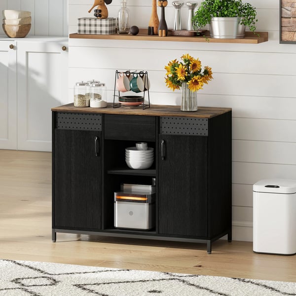 Sideboard skänk - 2-dörrars - Med hål - 2 fack och låda - Justerbara hyllplan - 100×40×80 cm - Svart