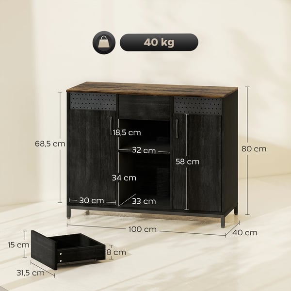 Sideboard skänk - 2-dörrars - Med hål - 2 fack och låda - Justerbara hyllplan - 100×40×80 cm - Svart