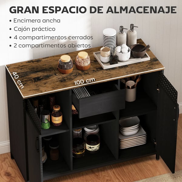 Sideboard skänk - 2-dörrars - Med hål - 2 fack och låda - Justerbara hyllplan - 100×40×80 cm - Svart