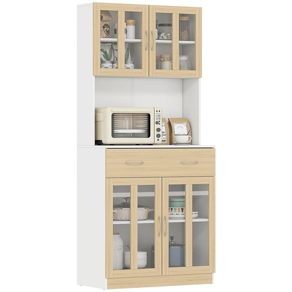 Förvaringsskåp för sovrum - Byrå - 4 Glasdörrar - Öppen Toppskiva - Låda - Justerbara Hyllor - 80×40×180 cm - Vit/Natur