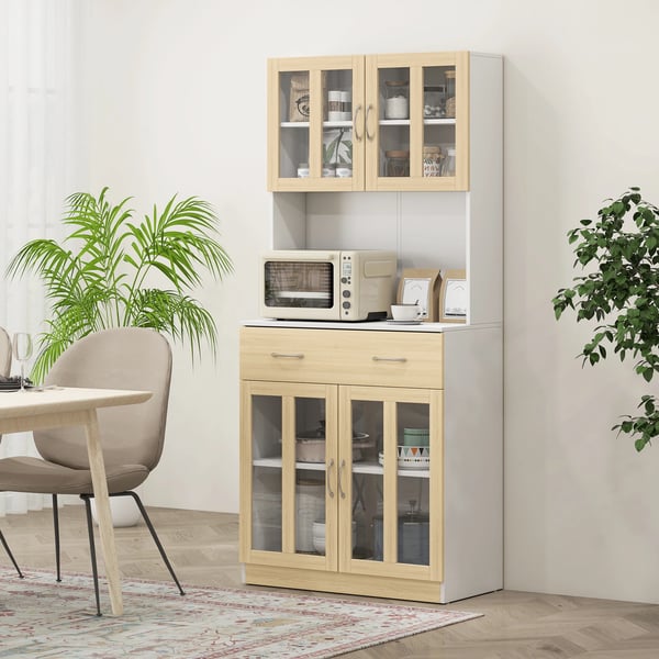 Förvaringsskåp för sovrum - Byrå - 4 Glasdörrar - Öppen Toppskiva - Låda - Justerbara Hyllor - 80×40×180 cm - Vit/Natur