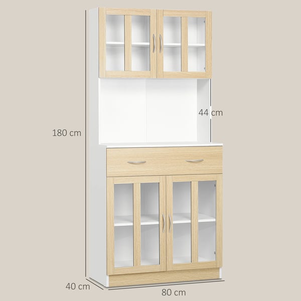 Förvaringsskåp för sovrum - Byrå - 4 Glasdörrar - Öppen Toppskiva - Låda - Justerbara Hyllor - 80×40×180 cm - Vit/Natur