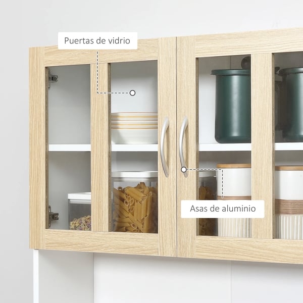 Förvaringsskåp för sovrum - Byrå - 4 Glasdörrar - Öppen Toppskiva - Låda - Justerbara Hyllor - 80×40×180 cm - Vit/Natur