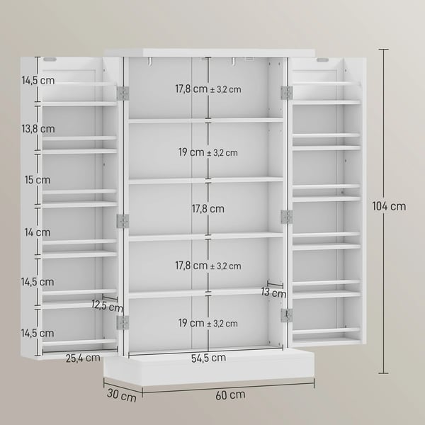 Skafferiskåp - Köksskåp med 2 dörrar - 16 hyllor - Justerbara hyllplan - 60x30x104 cm - Modern design - Vit