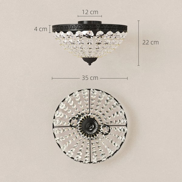 Kristallplafond - Taklampa - 2x E14, 40 W - 168 kristaller - 220 V AC - Ej dimbar - Järnram - Svart