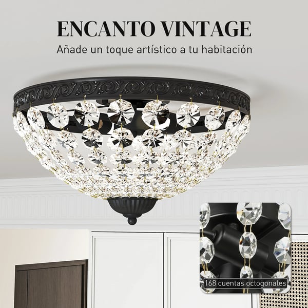 Kristallplafond - Taklampa - 2x E14, 40 W - 168 kristaller - 220 V AC - Ej dimbar - Järnram - Svart
